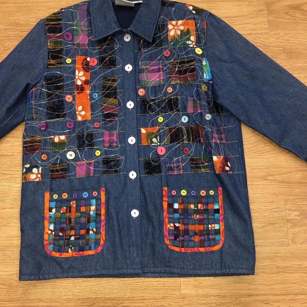 YAK MAGIK Nepal‎ Boho Mixed Material Patchwork Buttons Denim Jacket Sz L Art
